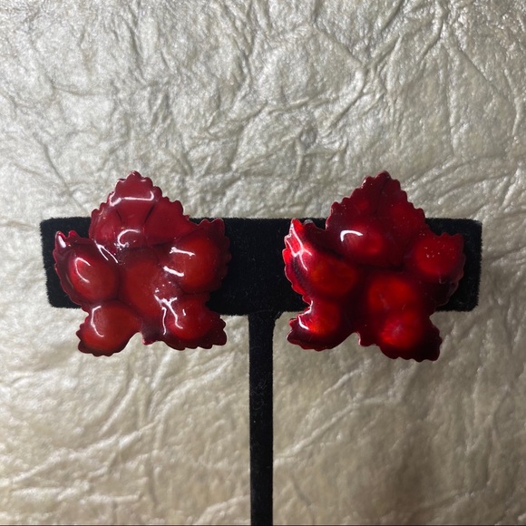Vintage W. Germany Red Leaf Clip On Earrings - Picture 1 of 7